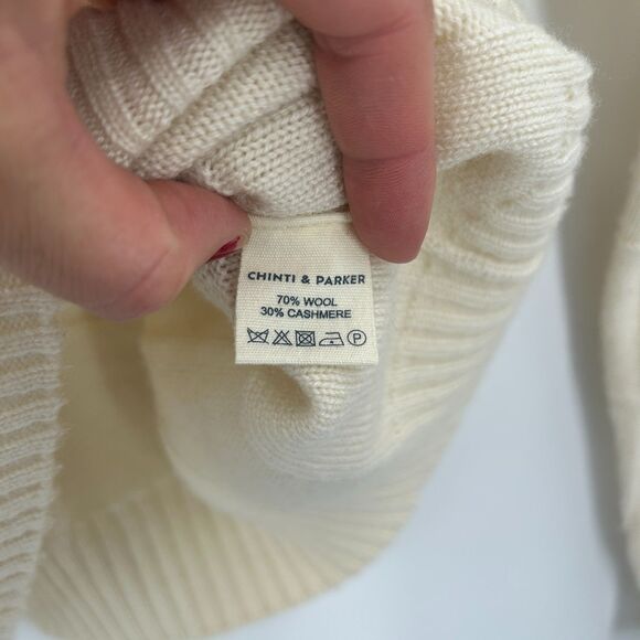 CHINTI & PARKER Cream Blue Square Knit Wool Cashmere Turtleneck Sweater Small - Picture 9 of 9